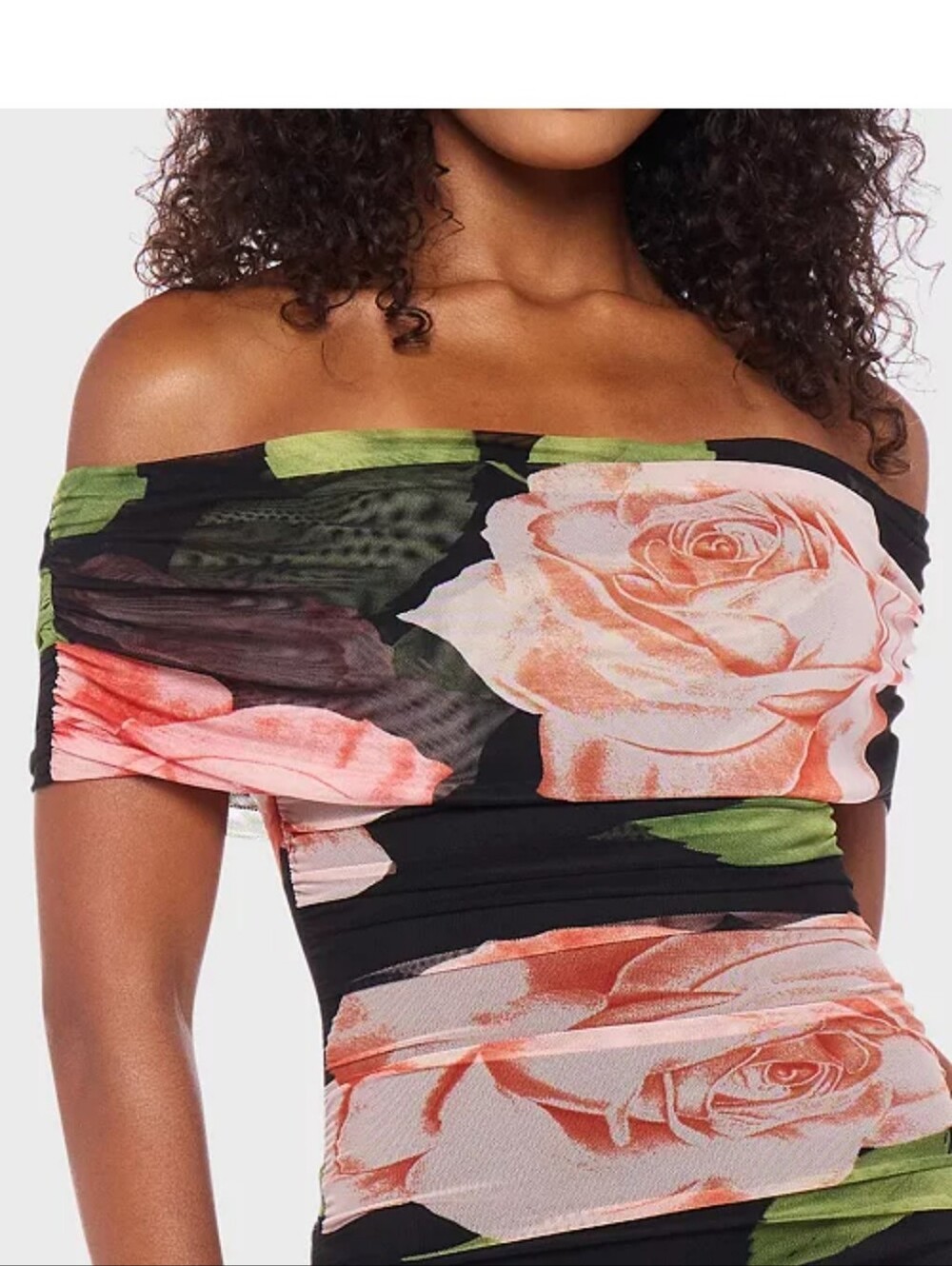 B Darlin Black Off-Shoulder Midi Dress with Pink Floral Print - Picture 2 of 10